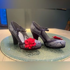 T-strap Ruby Shoo 3” heels. Shoes made in the UK. Size 8 US, size 39 UK.